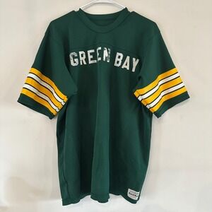 VTG Sand-Knit Green Bay Packers Football Jersey Mens XL Green Yellow Stripe JOHN